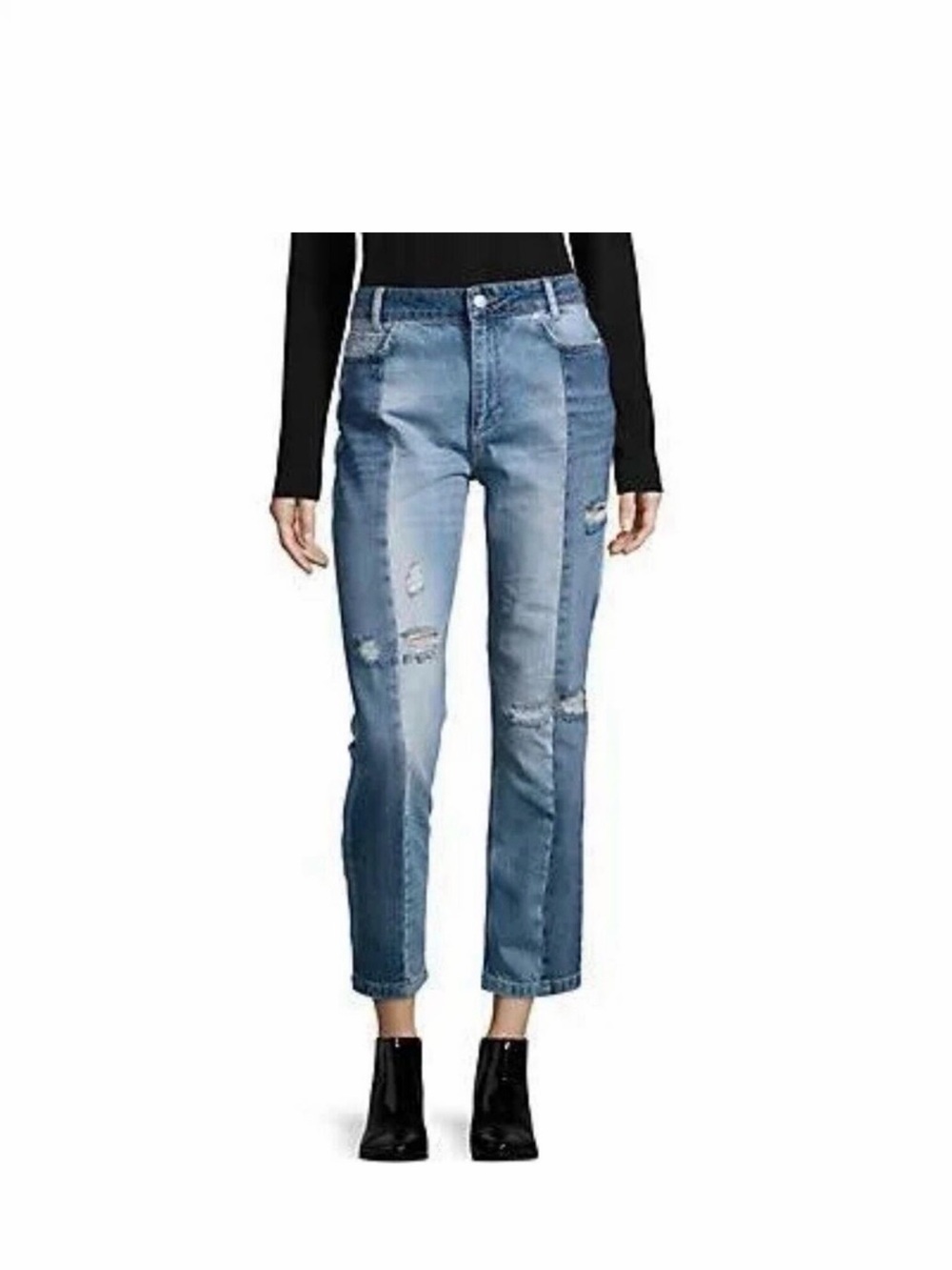Free People Two-Tone Straight Leg Distressed Jeans - Light & Dark Blue